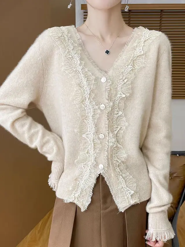 Autumn V neck Lace Cardigan Women's Top Light Camel - Shop at LoveMi