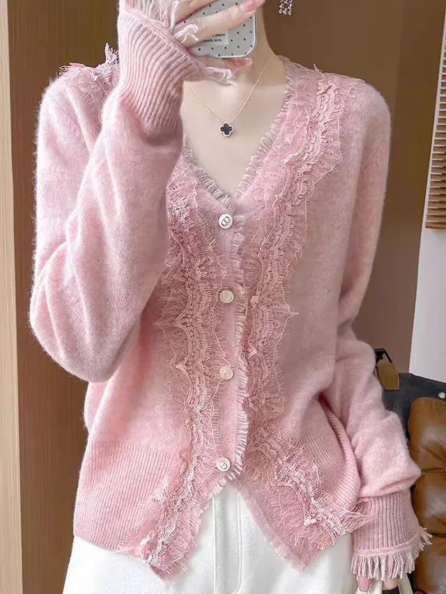 Autumn V neck Lace Cardigan Women's Top Pink - Shop at LoveMi