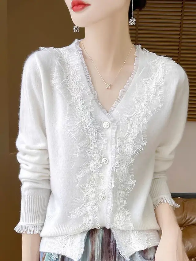 Autumn V neck Lace Cardigan Women's Top White - Shop at LoveMi