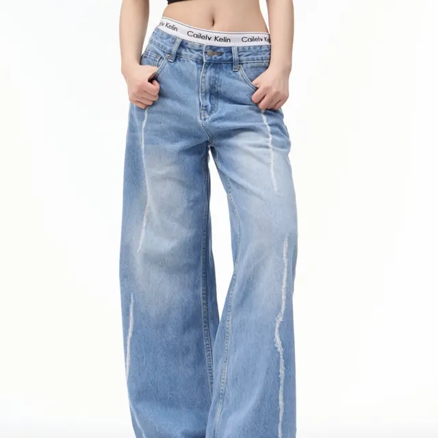 Female American Retro Personalized Split Wide Leg Pants Blue - Shop at LoveMi