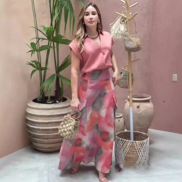 Summer Sleeveless Top Fashion Printed Big Hem Skirt Two piece Set Pink - Shop at LoveMi