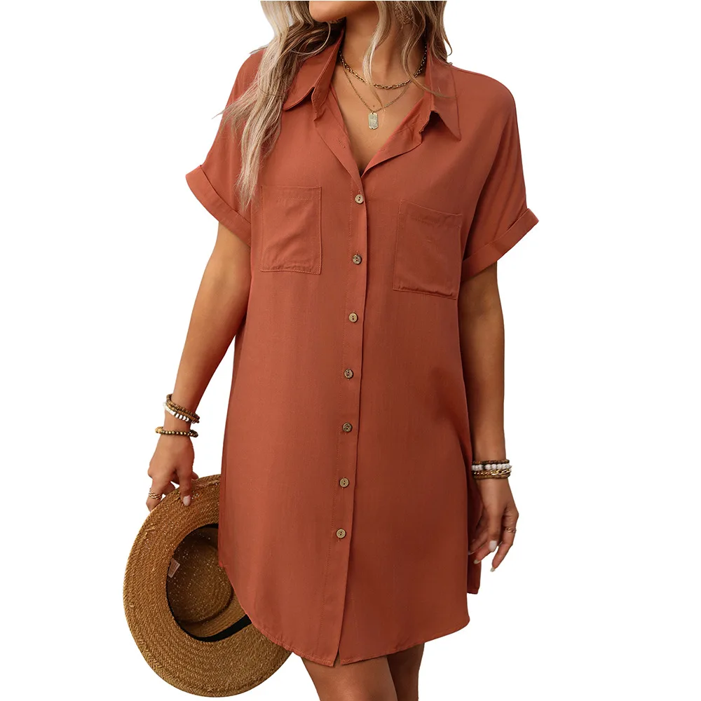 Women's Striped Cotton And Linen Dress Shirt - Orange Red