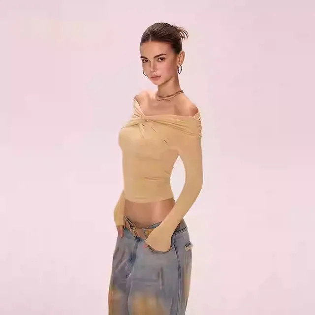 Off the shoulder Long Short sleeved T shirt Yellow Bottoming Shirt Long Sleeve - Shop at LoveMi