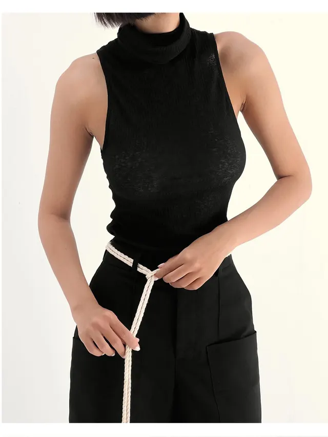 Pile Collar Knitted Sleeveless Micro transparent American Vest Sexy Top Black Transparent - Shop at LoveMi