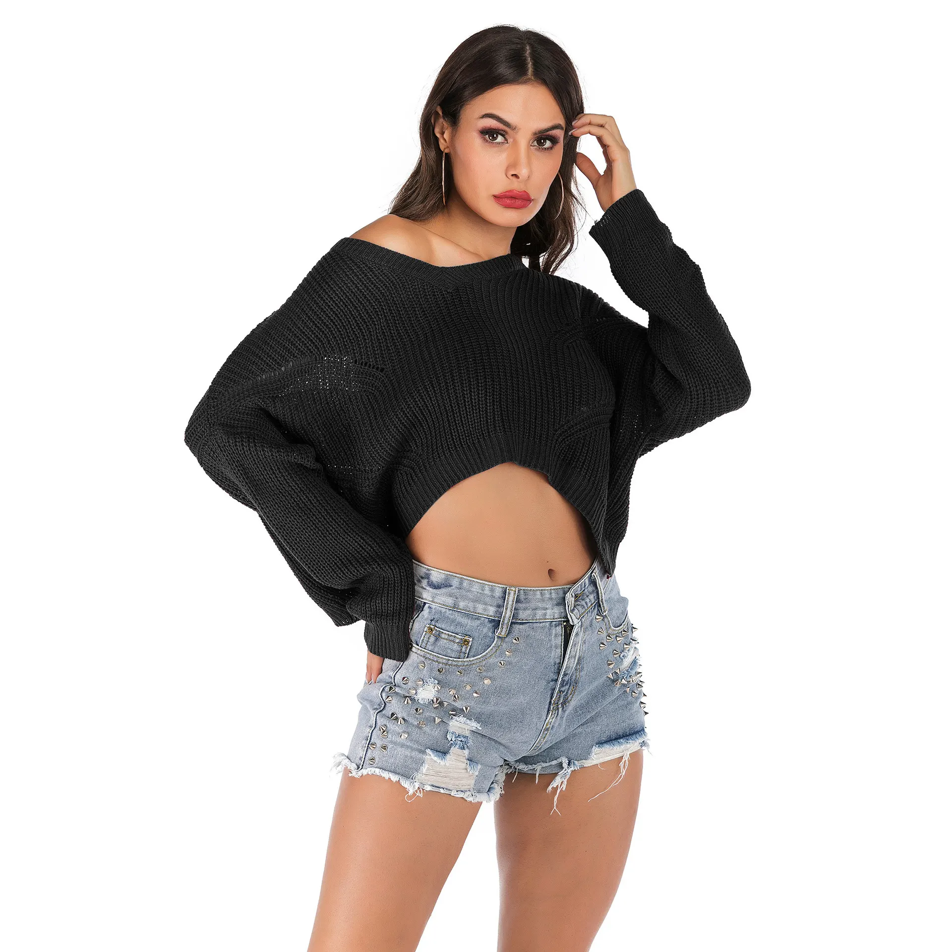 Fashion Autumn Solid Color Base Sweater Women - Black