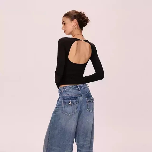 Summer Long Short sleeved Backless T shirt Top Women's High grade Bottoming Shirt Black Long Sleeve - Shop at LoveMi
