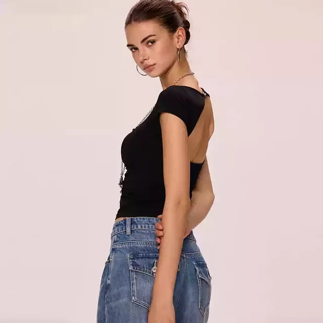 Summer Long Short sleeved Backless T shirt Top Women's High grade Bottoming Shirt Black Short Sleeve - Shop at LoveMi