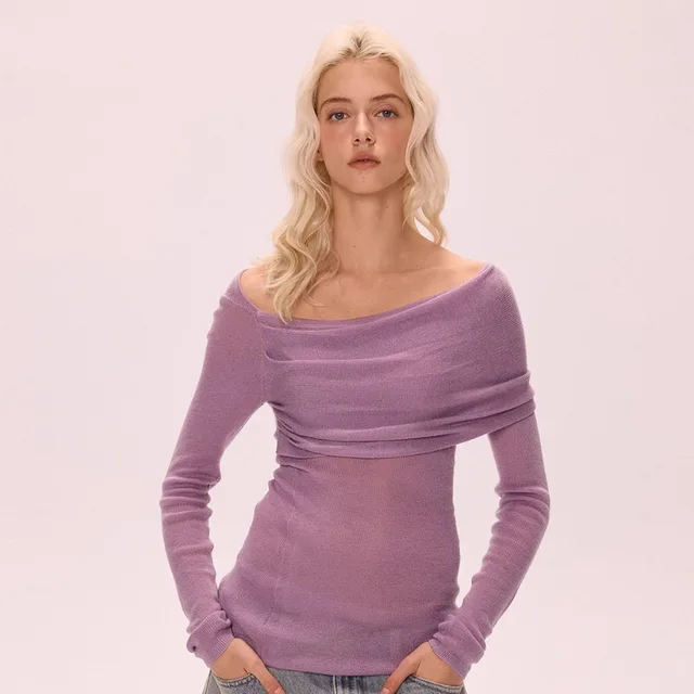 Purple One shoulder Cold shoulder Woolen Knit Long Sleeve T shirt Slim Fit Purple - Shop at LoveMi