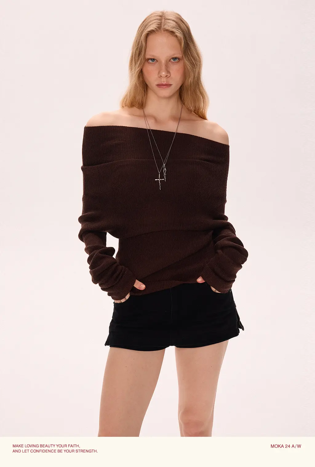 Off-the-shoulder Slim-fit Woolen Sweater Women's Spring Loose Feeling Niche Top - Brown