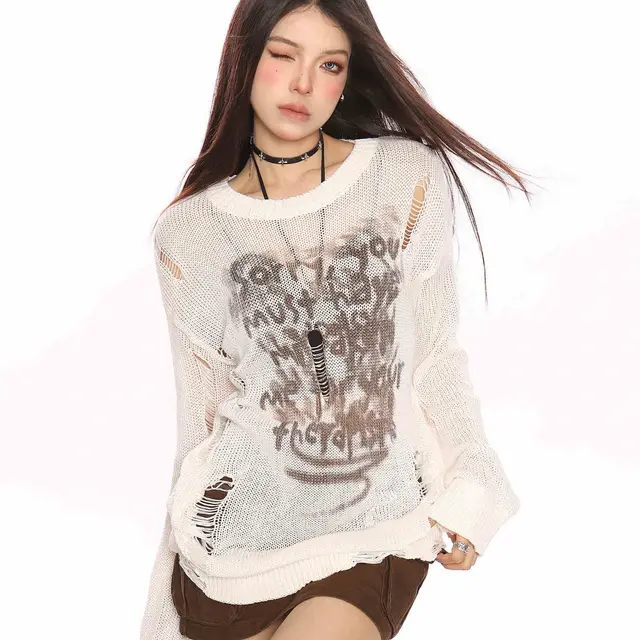 American Design Worn Hollow Sun Protection Sweater White - Shop at LoveMi