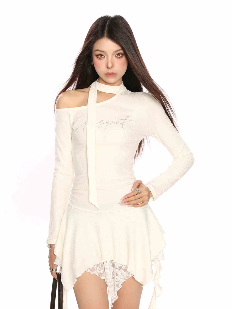 Irregular Shoulder Lace Up Lace Long Sleeve Dress - Apricot