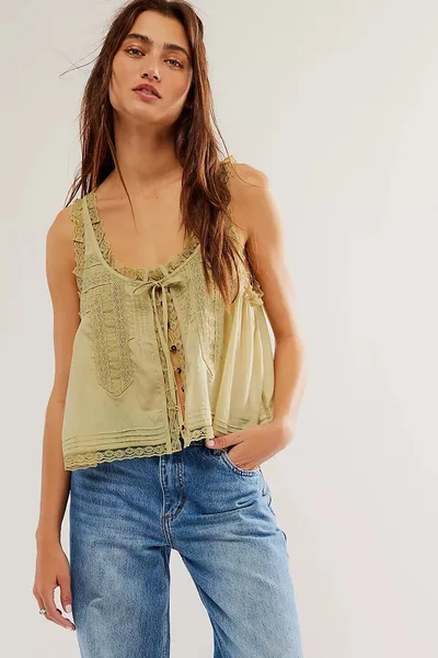 Lace Stitching Sweet Slim Fit Vest For Women Matcha - Shop at LoveMi