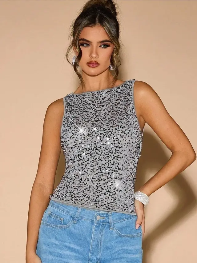 Sequined Sleeveless Elegant Vest Women's Top Silver - Shop at LoveMi