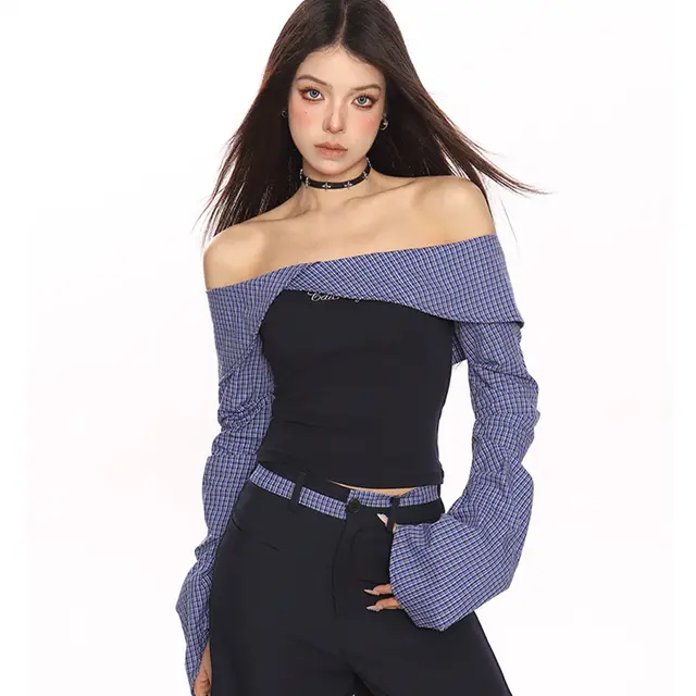 Women's Striped One Shoulder Long Sleeved Shirt And Pants Blue And White Stripes - Shop at LoveMi