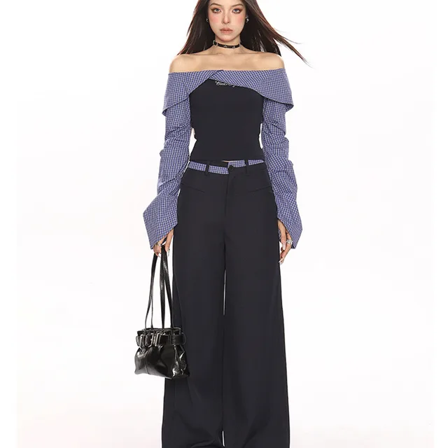 Women's Striped One Shoulder Long Sleeved Shirt And Pants Navy Blue Pants - Shop at LoveMi