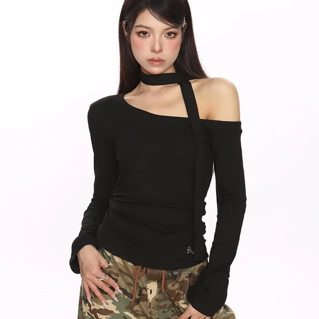 Female Off Shoulder Hanging Neck Slanted Shoulder Long Sleeved T shirt Black - Shop at LoveMi