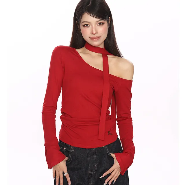 Female Off Shoulder Hanging Neck Slanted Shoulder Long Sleeved T shirt Red - Shop at LoveMi