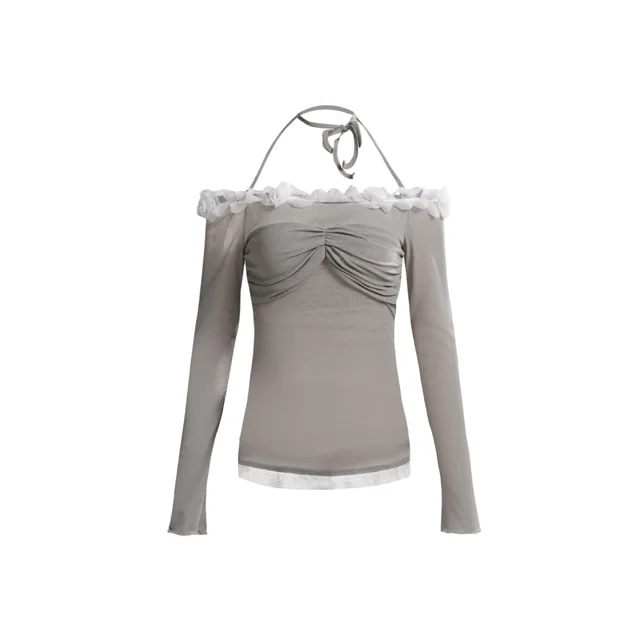 Women's American style Retro Design Long sleeved T shirt Gray - Shop at LoveMi