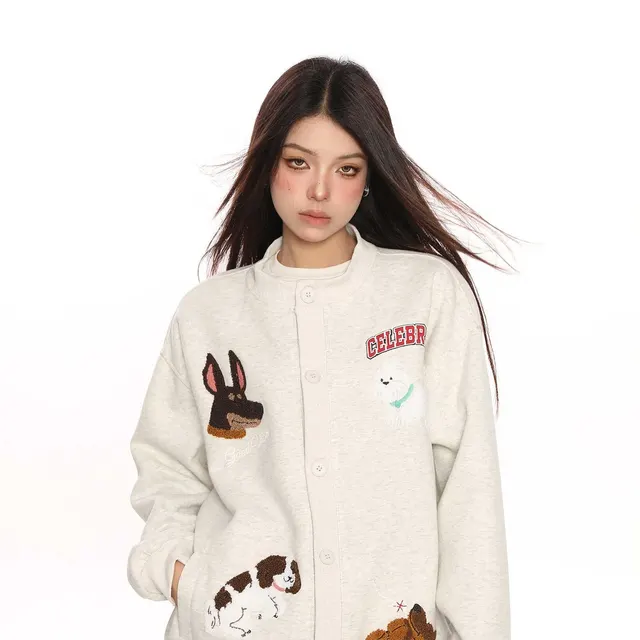 Retro Fashion Brand Towel Embroidery Heavy Cardigan Sweater Gray - Shop at LoveMi