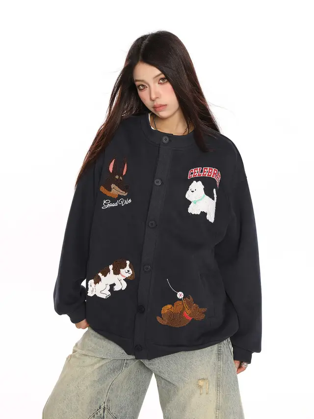 Retro Fashion Brand Towel Embroidery Heavy Cardigan Sweater Navy Blue - Shop at LoveMi