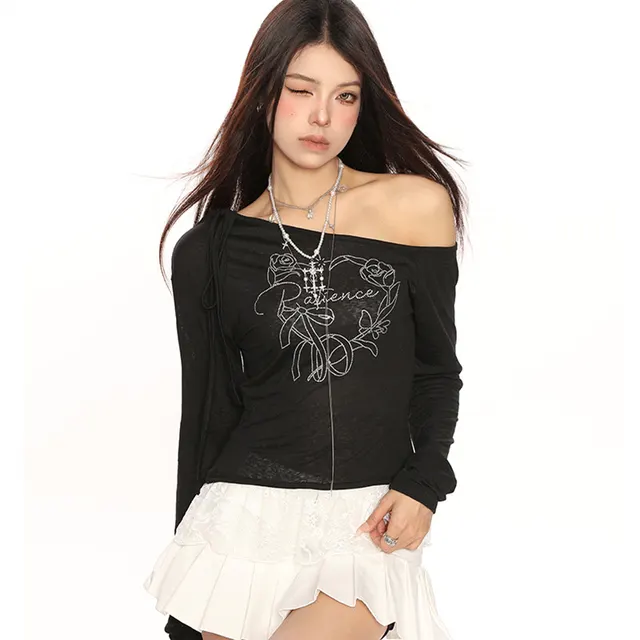 Female Bow Tie With Slanted Shoulder Long Sleeves Black - Shop at LoveMi