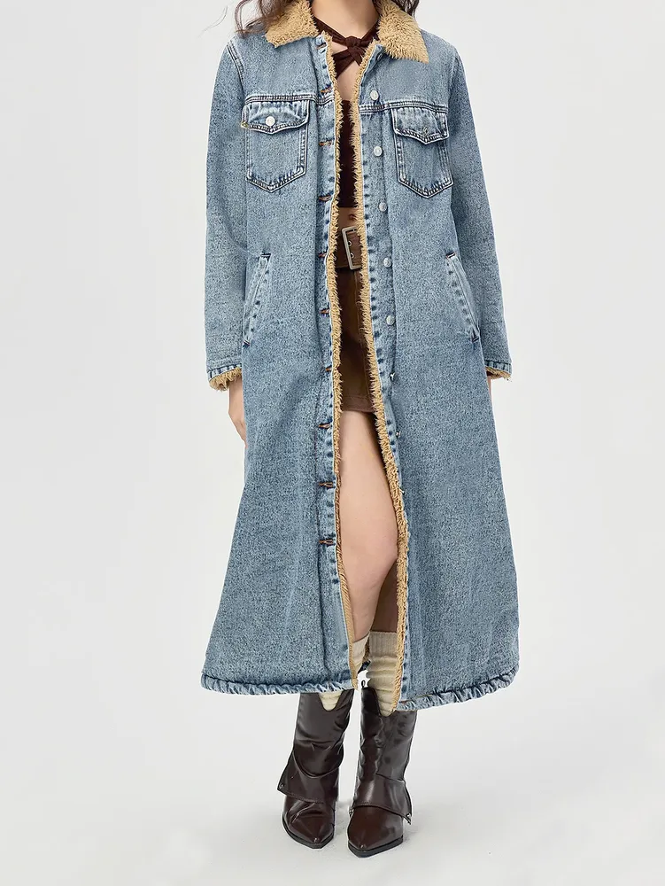 European And American Loose Long Velvet Lining Cotton-padded Coat Denim Coat - Blue, Fleece Lining - View 1