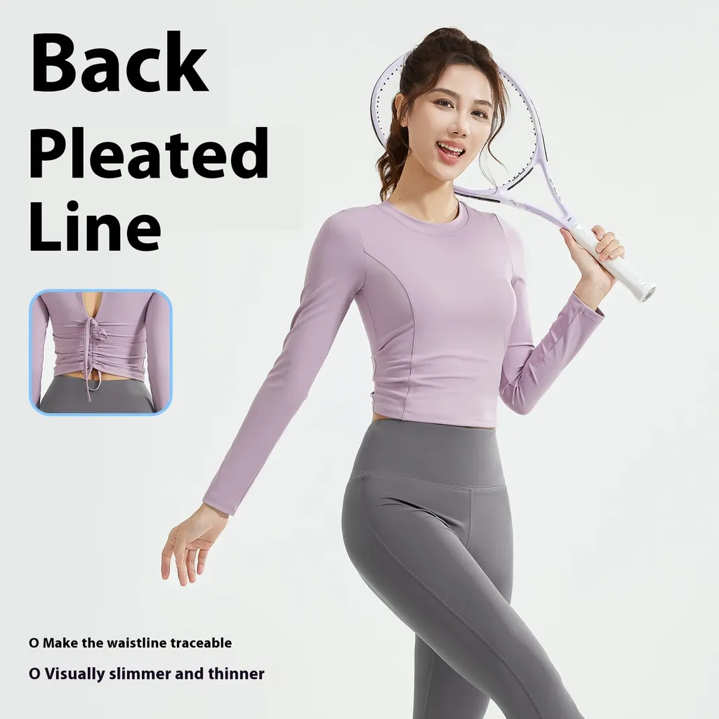 Drawstring Long Sleeve Bell-bottom Pants Breathable Running Training Fitness Suit Women - Purple Gray Suit