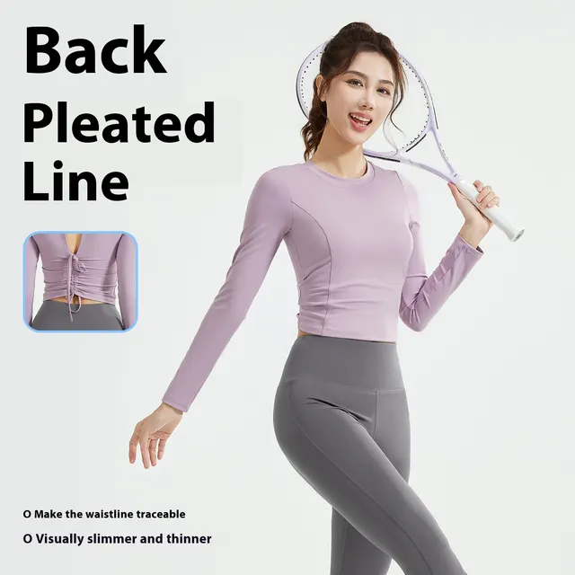 Drawstring Long Sleeve Bell bottom Pants Breathable Running Training Fitness Suit Women Purple Gray Suit - Shop at LoveMi