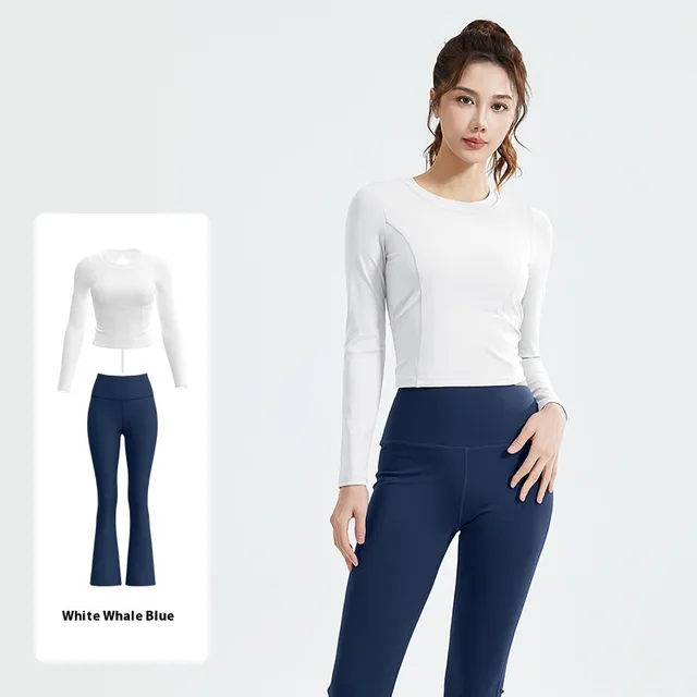 Drawstring Long Sleeve Bell bottom Pants Breathable Running Training Fitness Suit Women White And Blue Suit - Shop at LoveMi