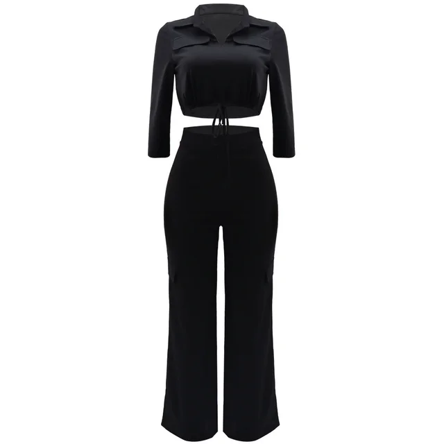 Casual Drawstring Short Top Solid Color Suit Black - Shop at LoveMi
