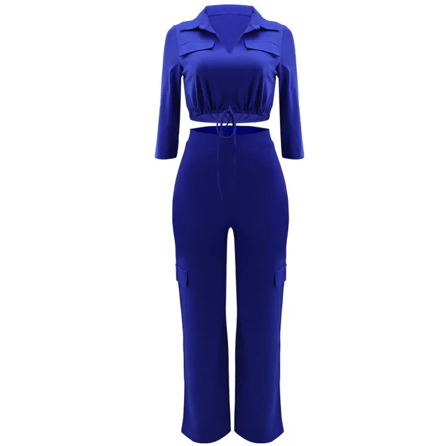 Casual Drawstring Short Top Solid Color Suit Blue - Shop at LoveMi