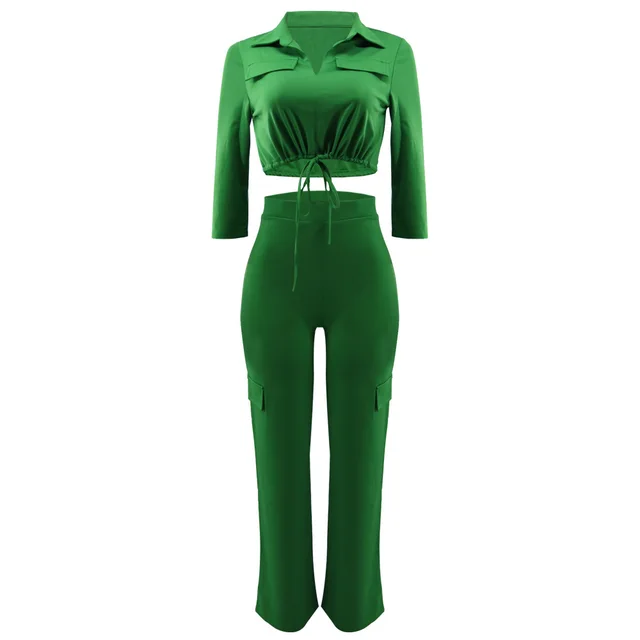 Casual Drawstring Short Top Solid Color Suit Green - Shop at LoveMi
