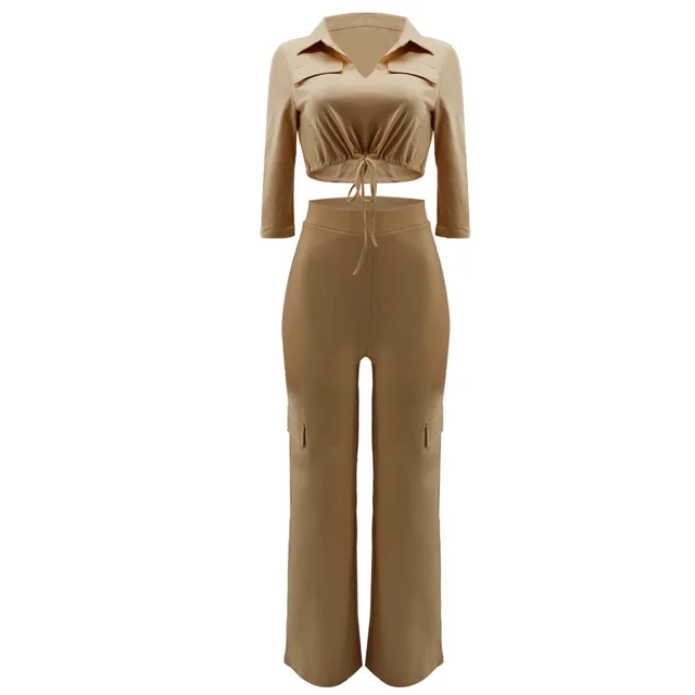 Casual Drawstring Short Top Solid Color Suit Khaki - Shop at LoveMi
