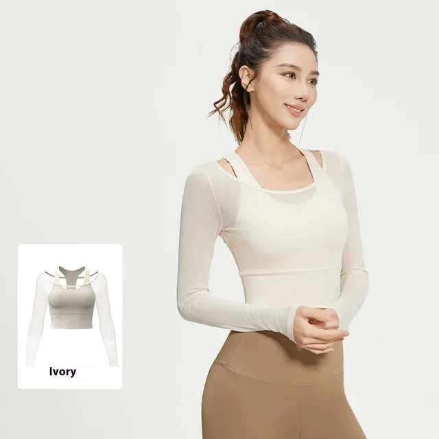 Mesh Yarn False Two Pieces Yoga Clothes Long sleeved Top Ivory White - Shop at LoveMi