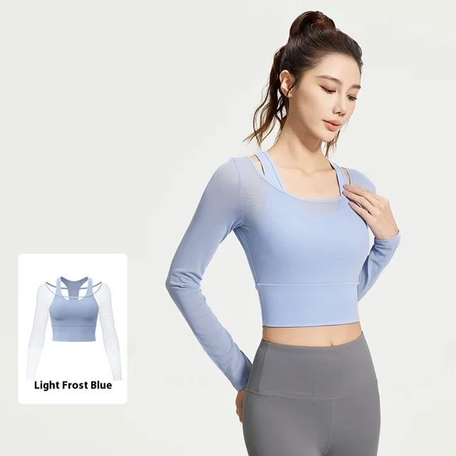 Mesh Yarn False Two Pieces Yoga Clothes Long sleeved Top Light Frost Blue - Shop at LoveMi