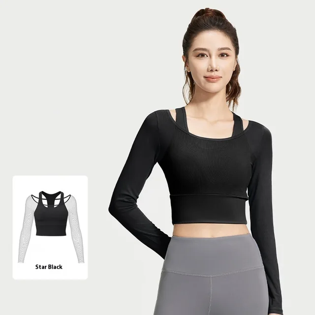 Mesh Yarn False Two Pieces Yoga Clothes Long sleeved Top Xingyao Black - Shop at LoveMi