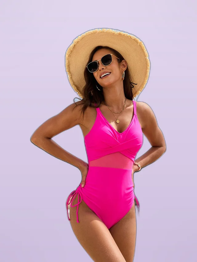 Pure Color Mesh Drawstring Swimsuit Glittering Powder - Shop at LoveMi