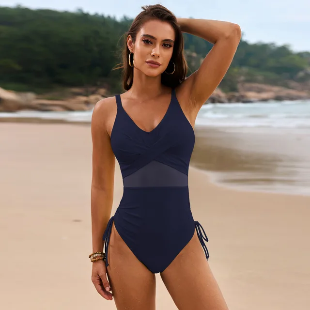 Pure Color Mesh Drawstring Swimsuit Navy Blue - Shop at LoveMi