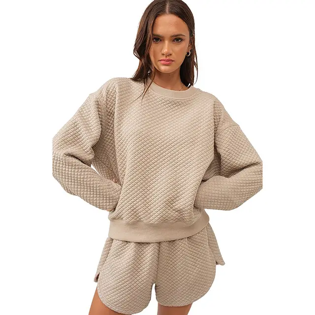 Women's Long sleeved Top And Shorts Two piece Suit Khaki - Shop at LoveMi