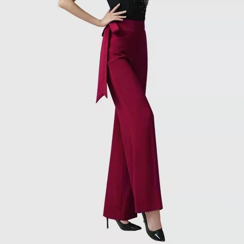 Ribbon Female Draping Effect Solid Colour Straight-leg Pants - Red