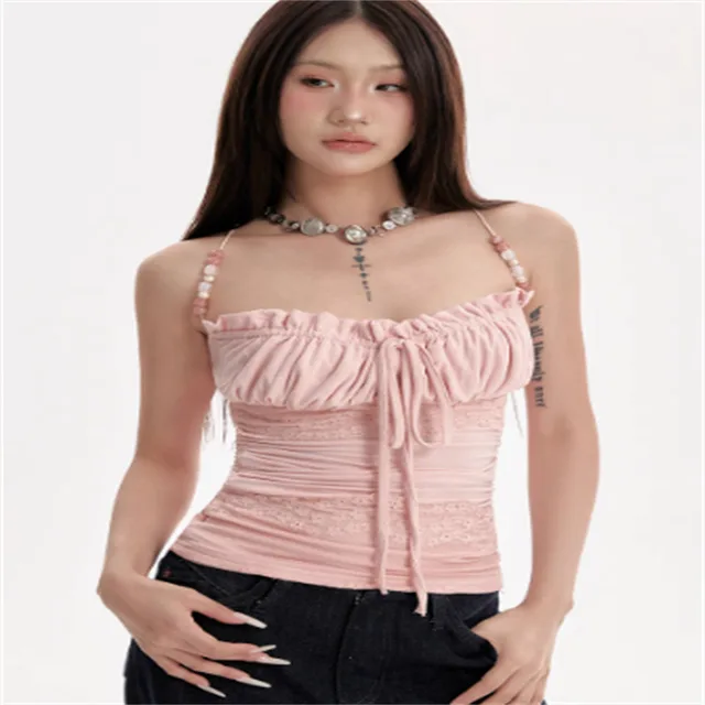 Women's Pink Beaded Shoulder Strap Camisole Pink - Shop at LoveMi