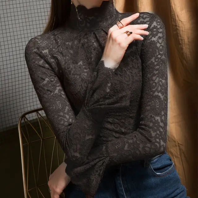 Fashionable Lace Stretch Bottoming Shirt For Women Black Regular Style - Shop at LoveMi