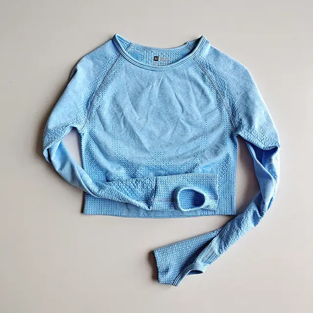 Sports T shirt Quick drying Tight High Elastic Short Seamless Long sleeved Coat Light Blue - Shop at LoveMi