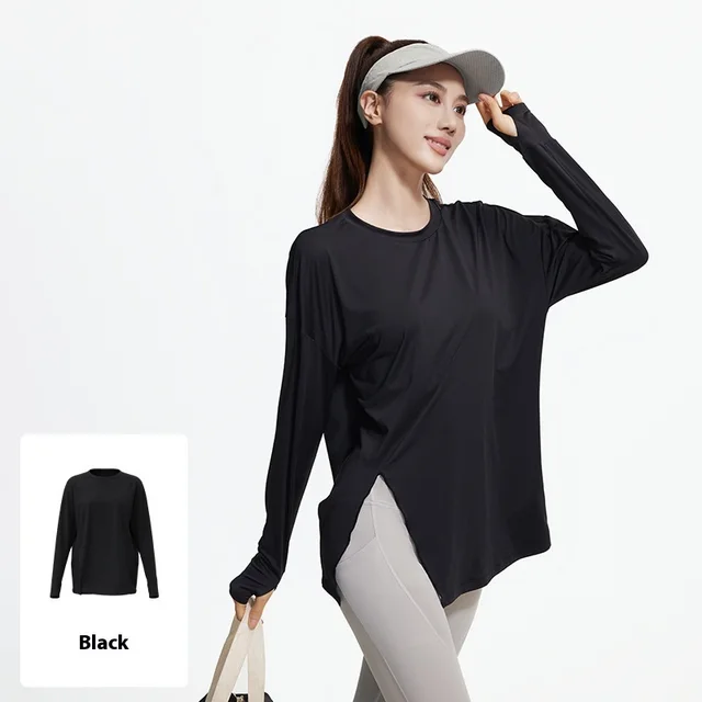 Slit Loose Yoga Clothes Long Sleeve Women's Sports Running Black - Shop at LoveMi