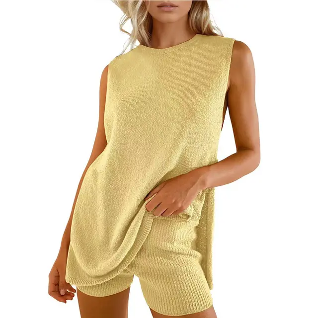 Women's Spring And Summer Fashion Casual Knitting Suit Yellow - Shop at LoveMi