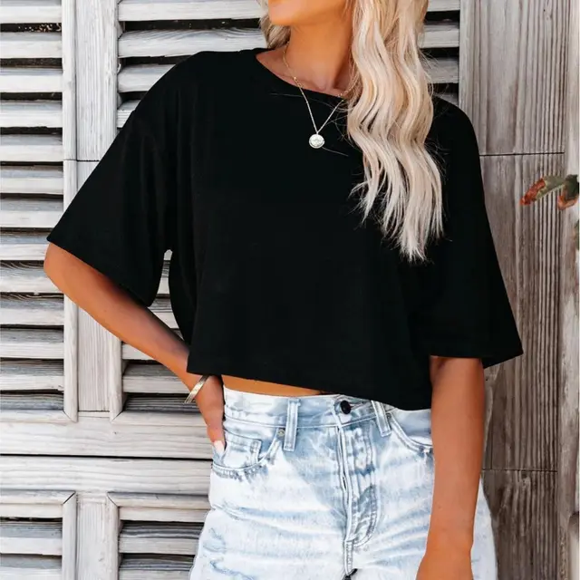 Solid Color Casual Short sleeved T shirt For Women Black - Shop at LoveMi
