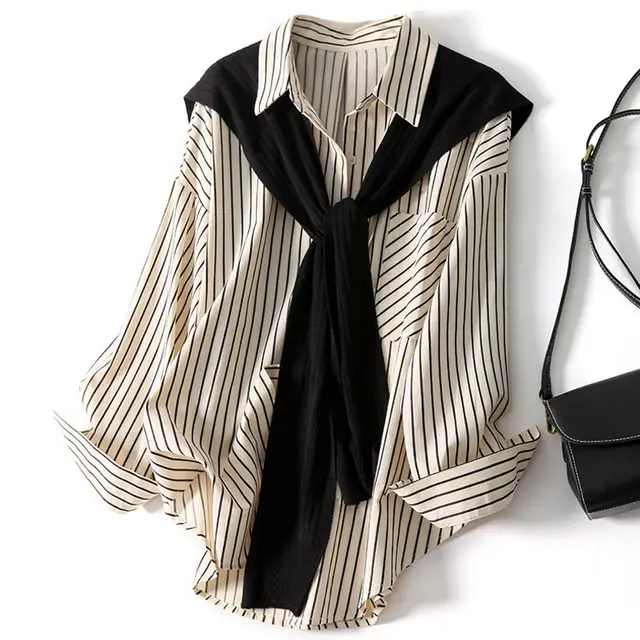 Shawl Design Niche Striped Shirt Black Strip - Shop at LoveMi