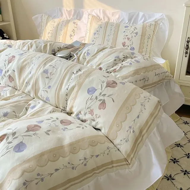 Four piece Bed Set Washed Cotton Duvet Cover Sheets Cloud Vine - Shop at LoveMi