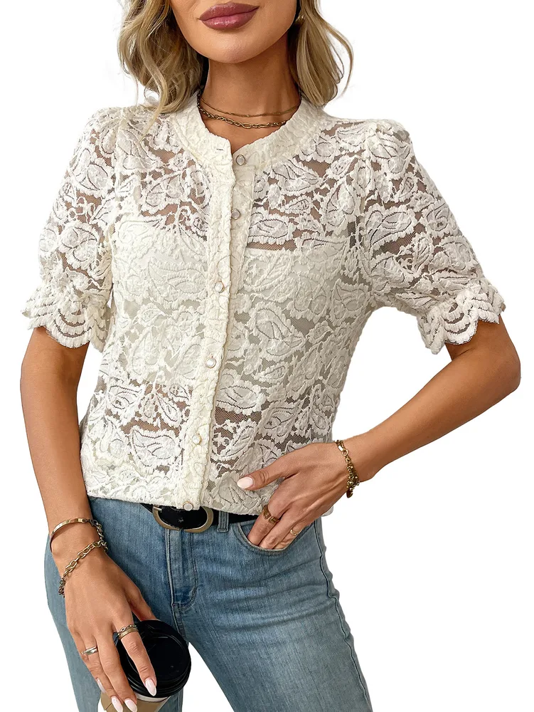 European And American Summer Lace Short Sleeve Casual Button Shirt Apricot - Shop at LoveMi