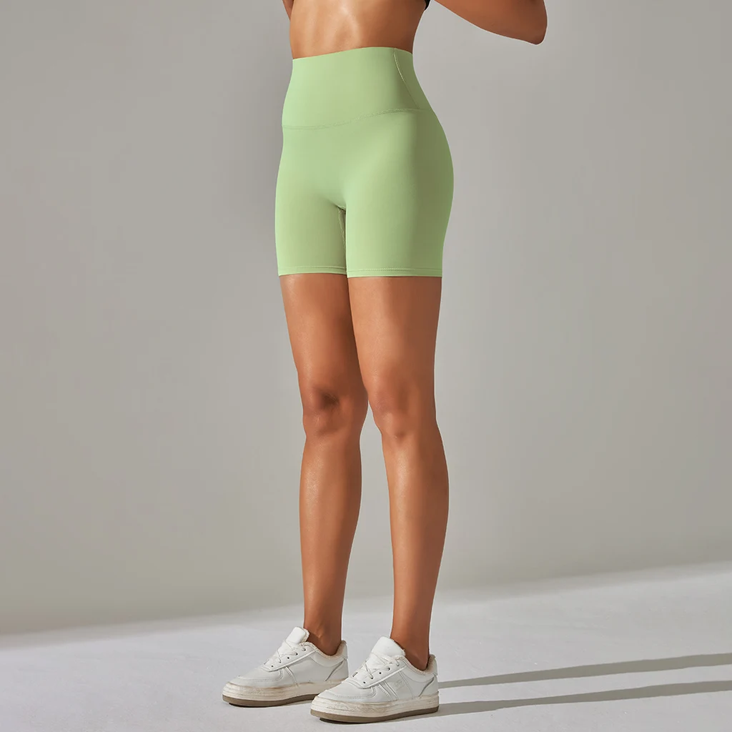 Women's Solid Colour Double-sided Brocade Brushed Fitness High Waist Shorts - Medium Green